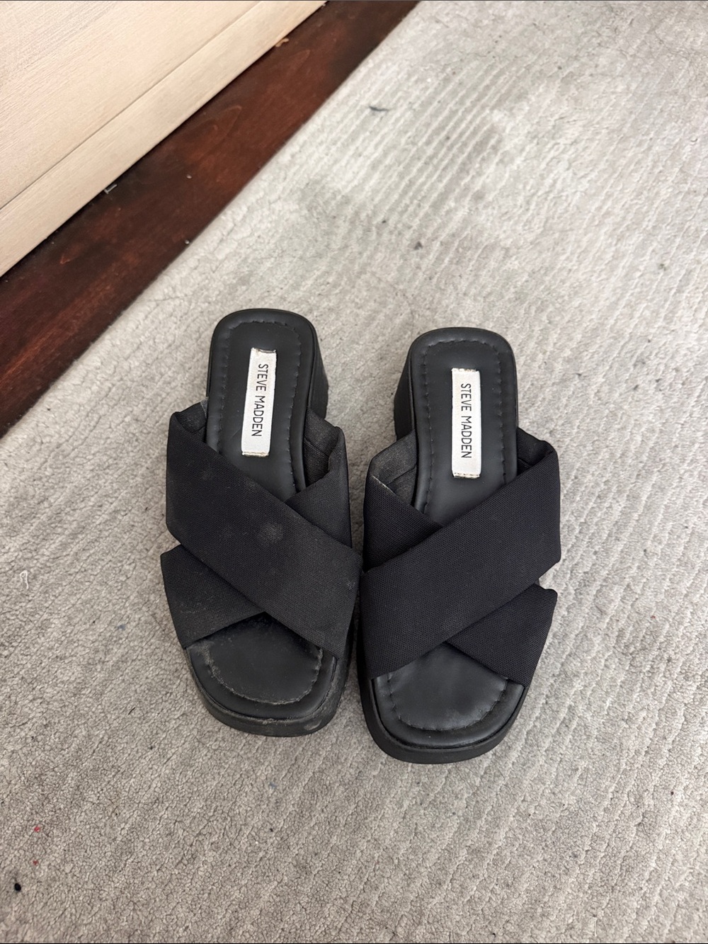 Steve Madden Black Crisscross Platform Slide Mules